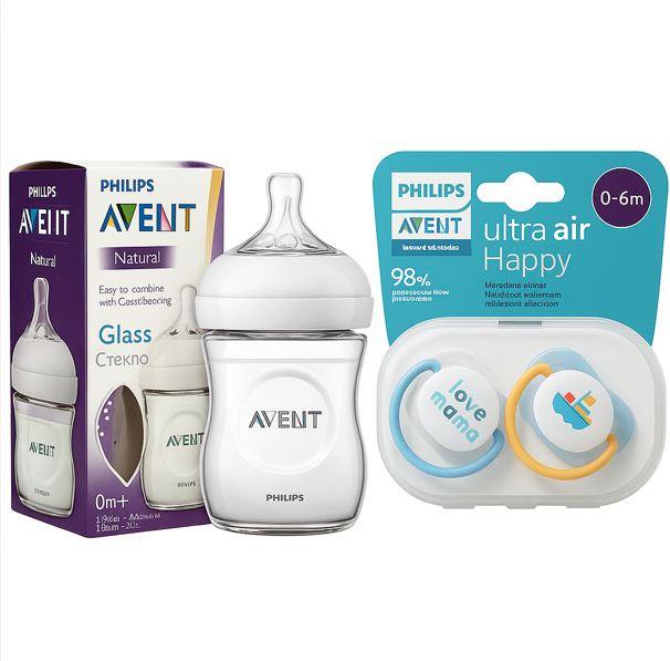 Pack Naissance Philips Avent – Biberon en Verre + Sucette Ultra Air (0-6 mois) Garçon
