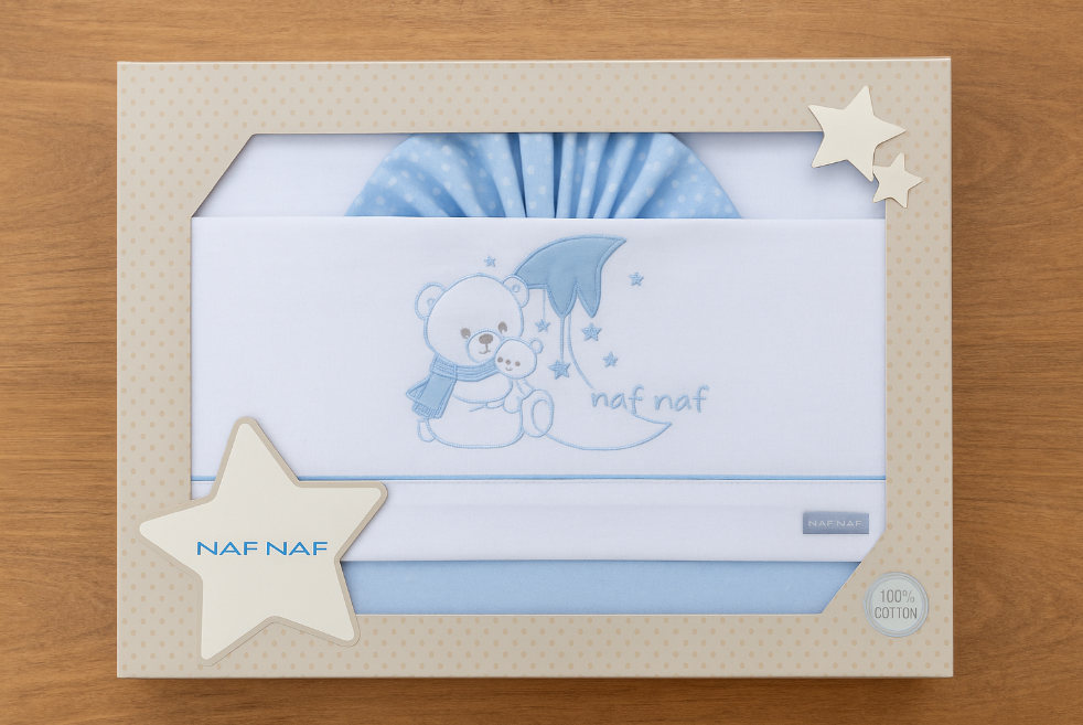 Parure de Draps 3 Pièces – NAF NAF Bébé – Motif Ourson Lune Bleu – 100% Coton
