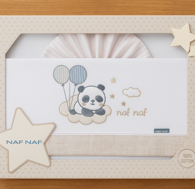 Parure de Draps 3 Pièces – NAF NAF Bébé – Motif Panda Ballons – 100% Coton