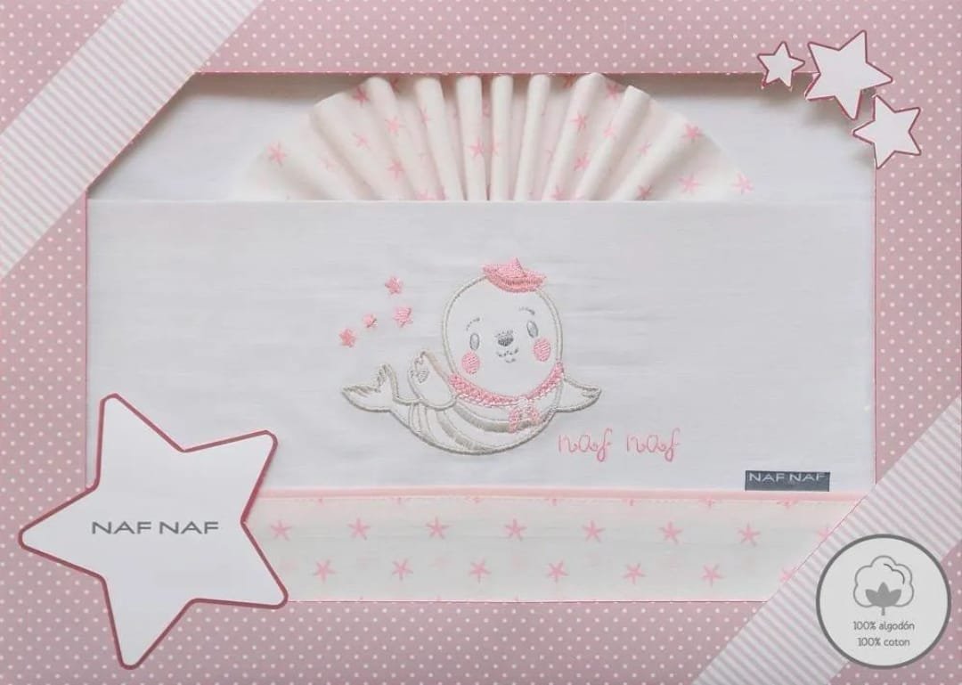 Parure de Draps 3 Pièces – NAF NAF Bébé – Motif Phoque Marin Rose – 100% Coton
