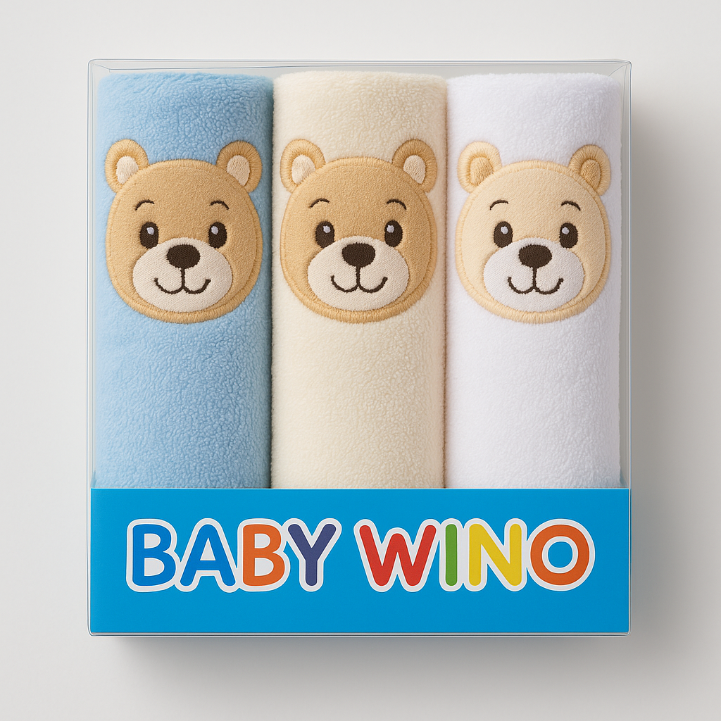 Lot de 3 Serviettes Bébé Polaires – Motif Ours – Baby Wino