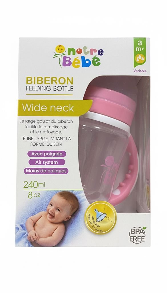 Notre Bébé Biberon Premium Col Large Anti-Coliques | 240ml | Allaitement Mixte | Sans BPA