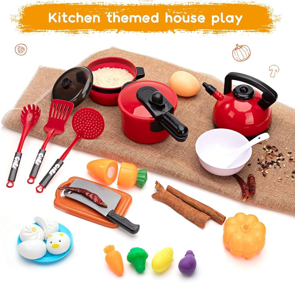 Mini Set de Cuisine Jouet pour Enfants – Réchaud de Cuisson Rouge avec Marmites, Poulet Rôti et Accessoires de Chef – Édition Premium – Image 3