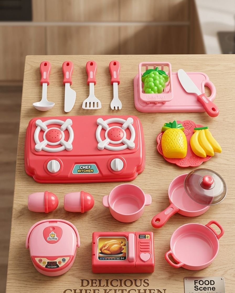Grand Set de Cuisine Jouet "Delicious Chef Kitchen" – Mini Électroménager avec Cuiseur à Riz, Micro-Ondes, Poêle et Fruits – 3 Ans +