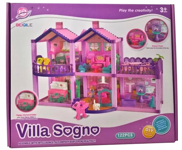 Grande Maison de Poupée "Villa Sogno" DIY – Château de Princesse Violet avec Figurines Poneys & Mobilier Inclus – 122 Pièces – 3 Ans + – Image 5