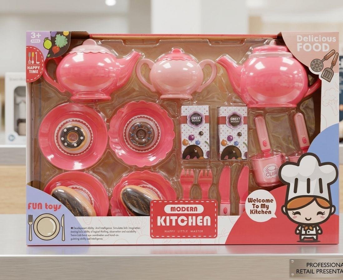 Set de Cuisine et Service à Thé Moderne Pour Enfants – Jouet d'Imitation Rose avec Pâtisseries & Accessoires – 3 Ans + – Image 4