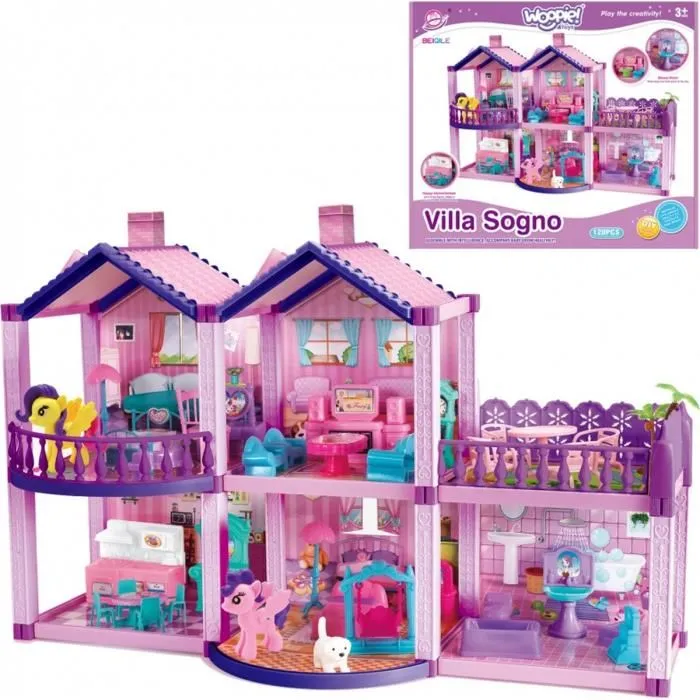 Grande Maison de Poupée "Villa Sogno" DIY – Château de Princesse Violet avec Figurines Poneys & Mobilier Inclus – 122 Pièces – 3 Ans +
